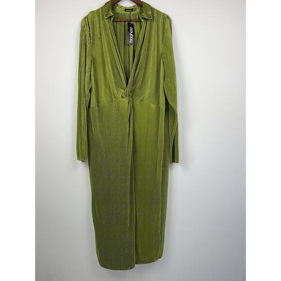Boohoo Green 14 Pleated Twist Front Stretch Midi Dress Dolman Sleeve Look Party - Picture 8 of 10